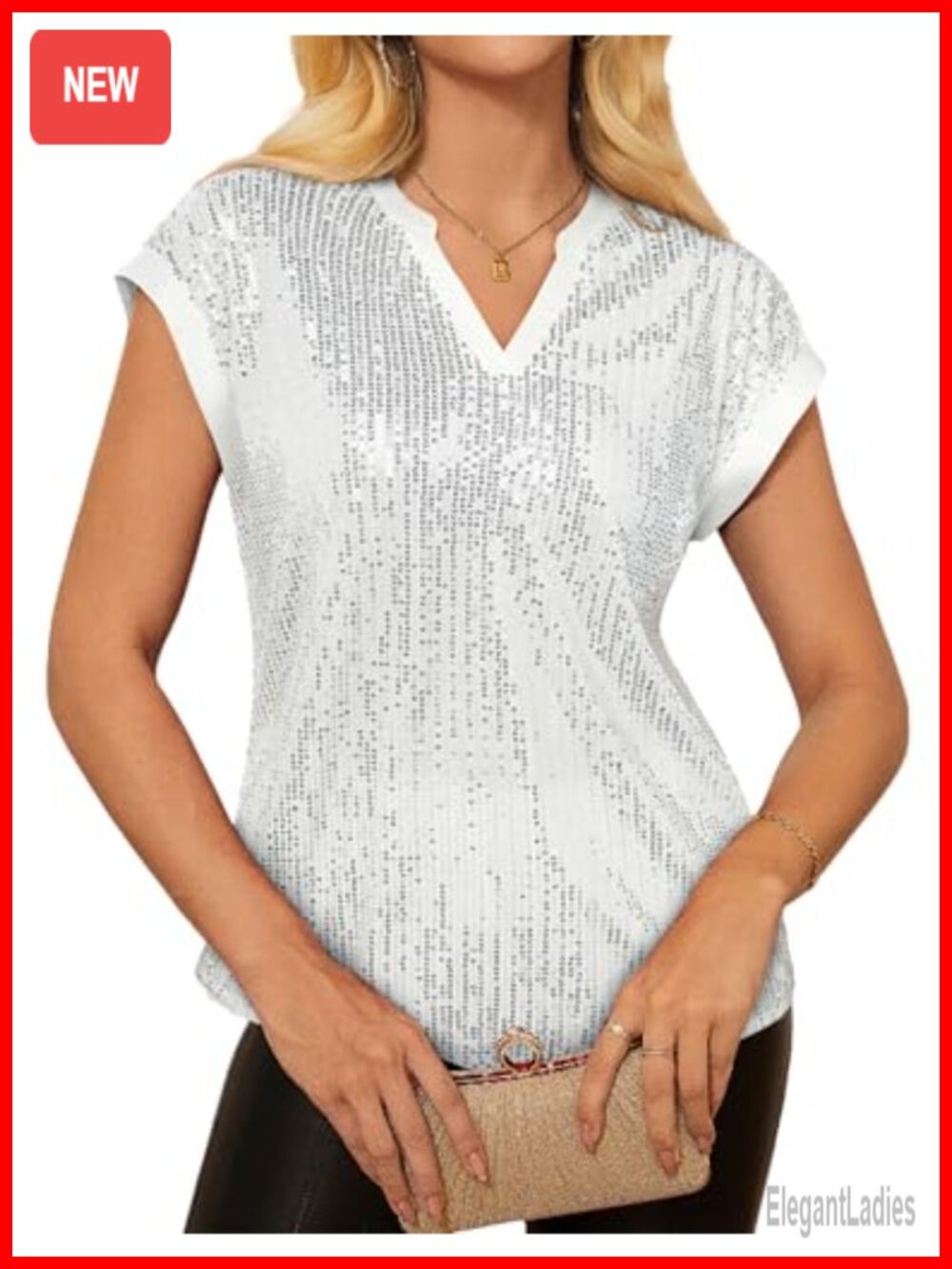 Sequin V-Neck Cap Sleeve Blouse